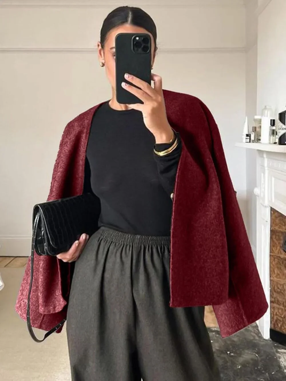 Women's Red Wool Blend Cropped Collarless Long Sleeve Short Fall Pea Overcoat